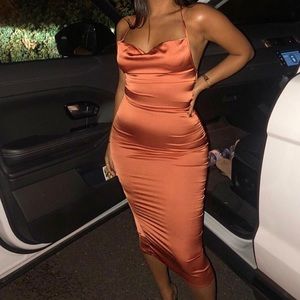 Rust Strappy Back Cowl Neck Satin Midi Dress